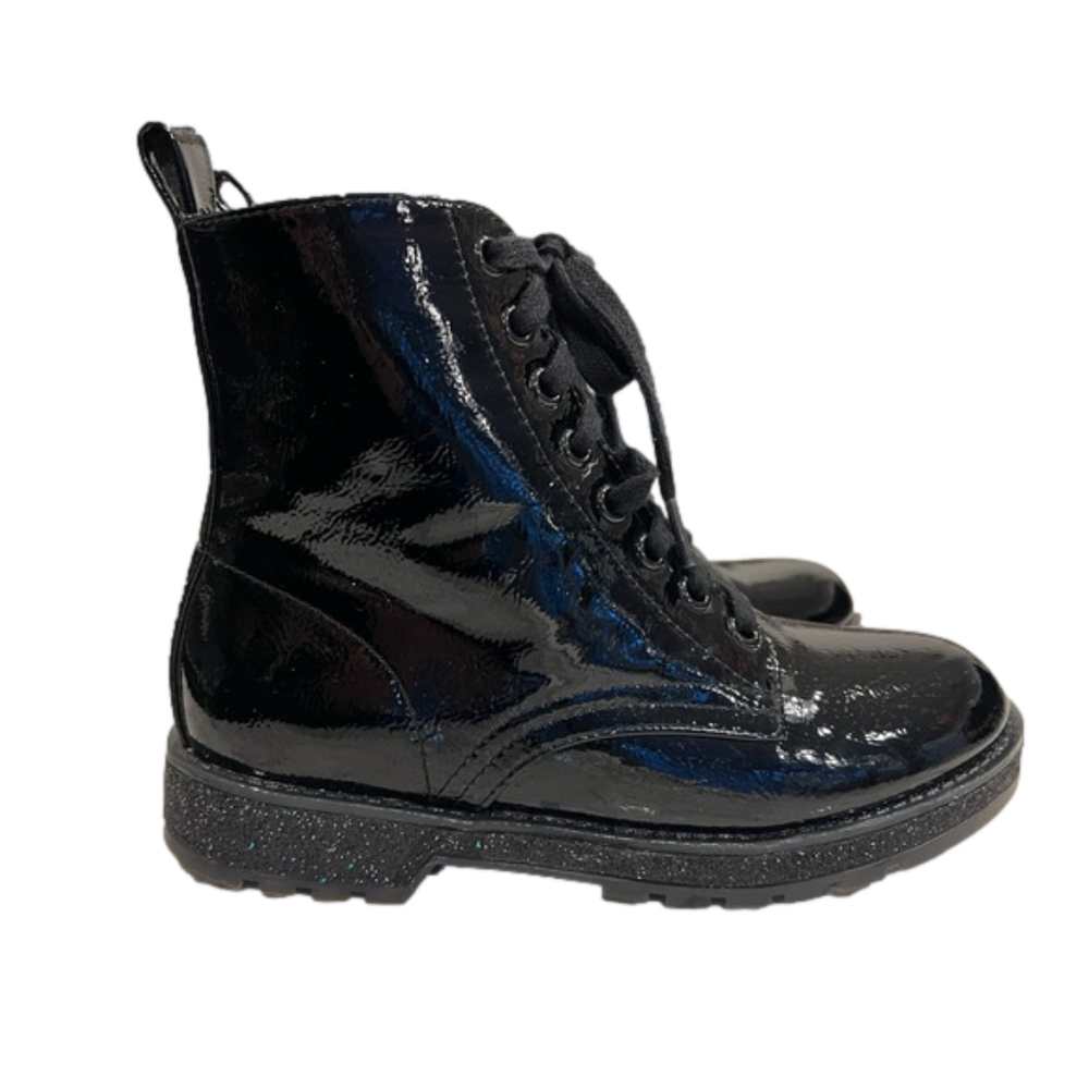 Mia Shoes girls’ faux patent leather Giuletta black combat boots, size 2 NWOB